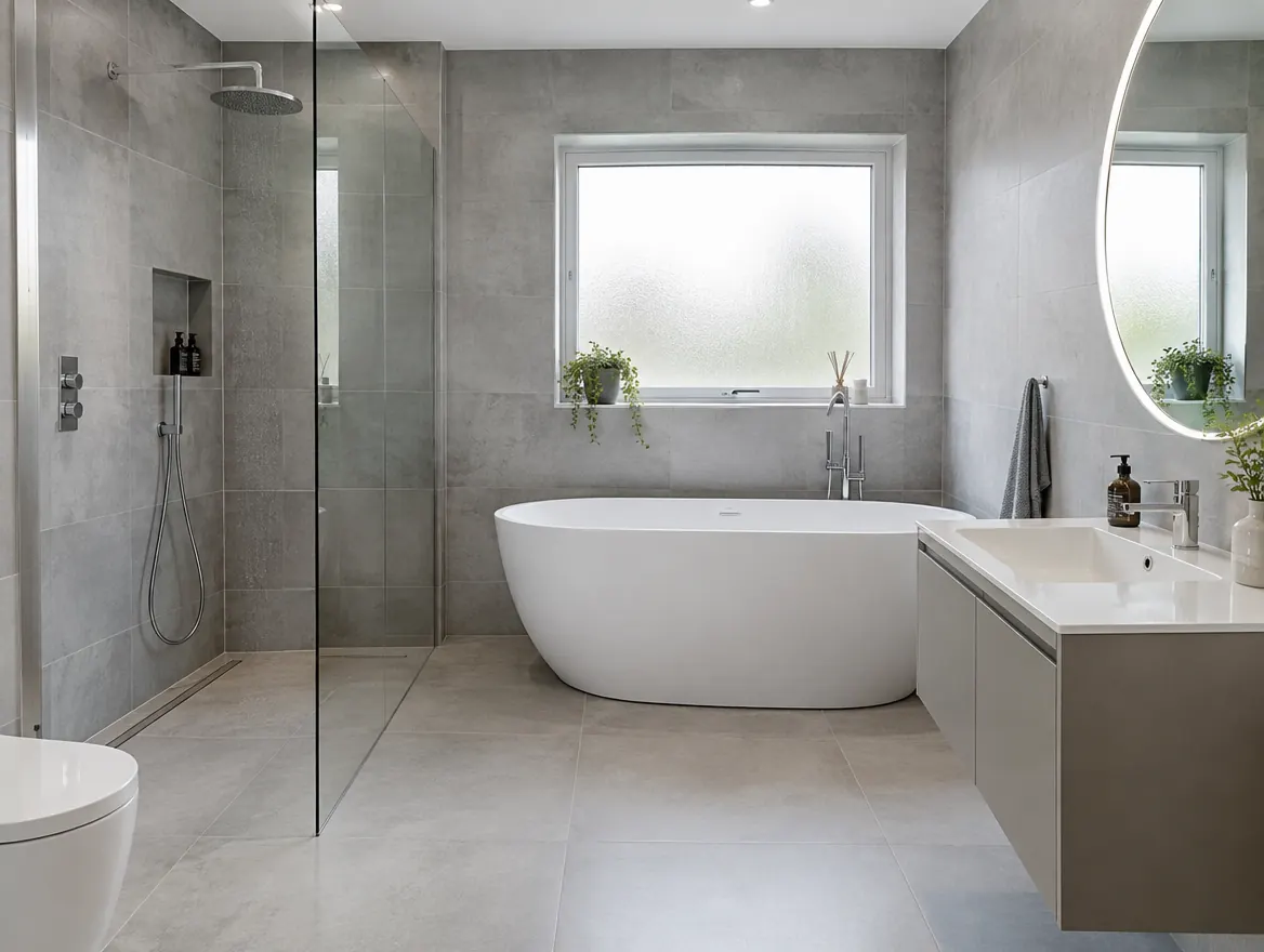 Newly fitted modern bathroom with walk-in shower and freestanding bath