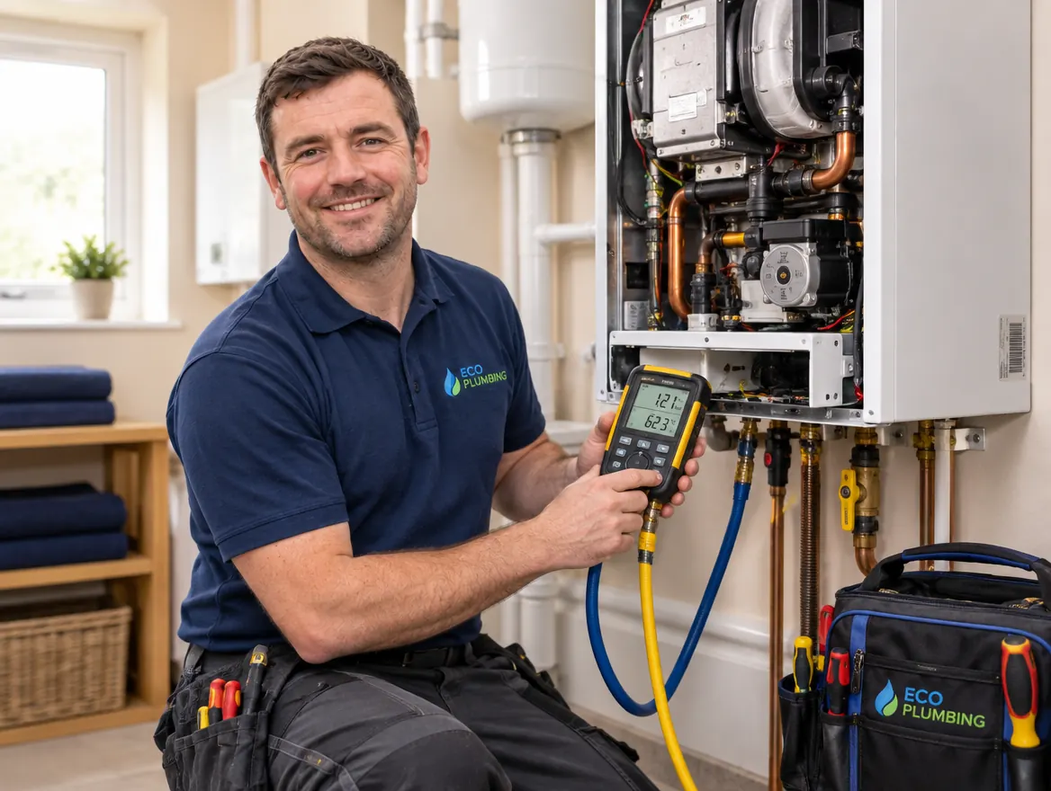 Plumber testing a wall-mounted combi boiler with a digital gauge