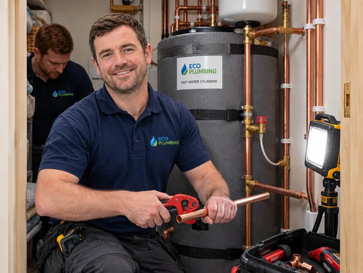 Installing a new hot water cylinder in a hot press