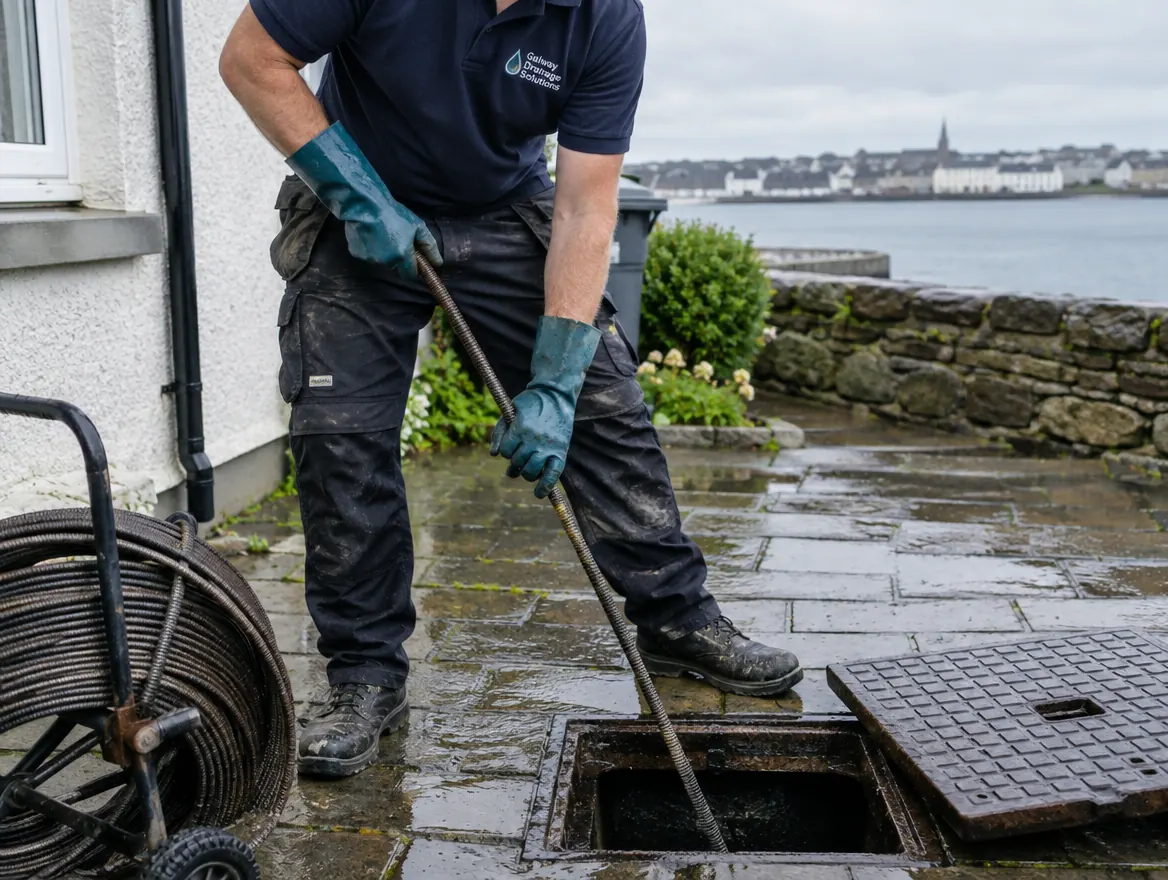 Plumber clearing an outside drain with drain rods
