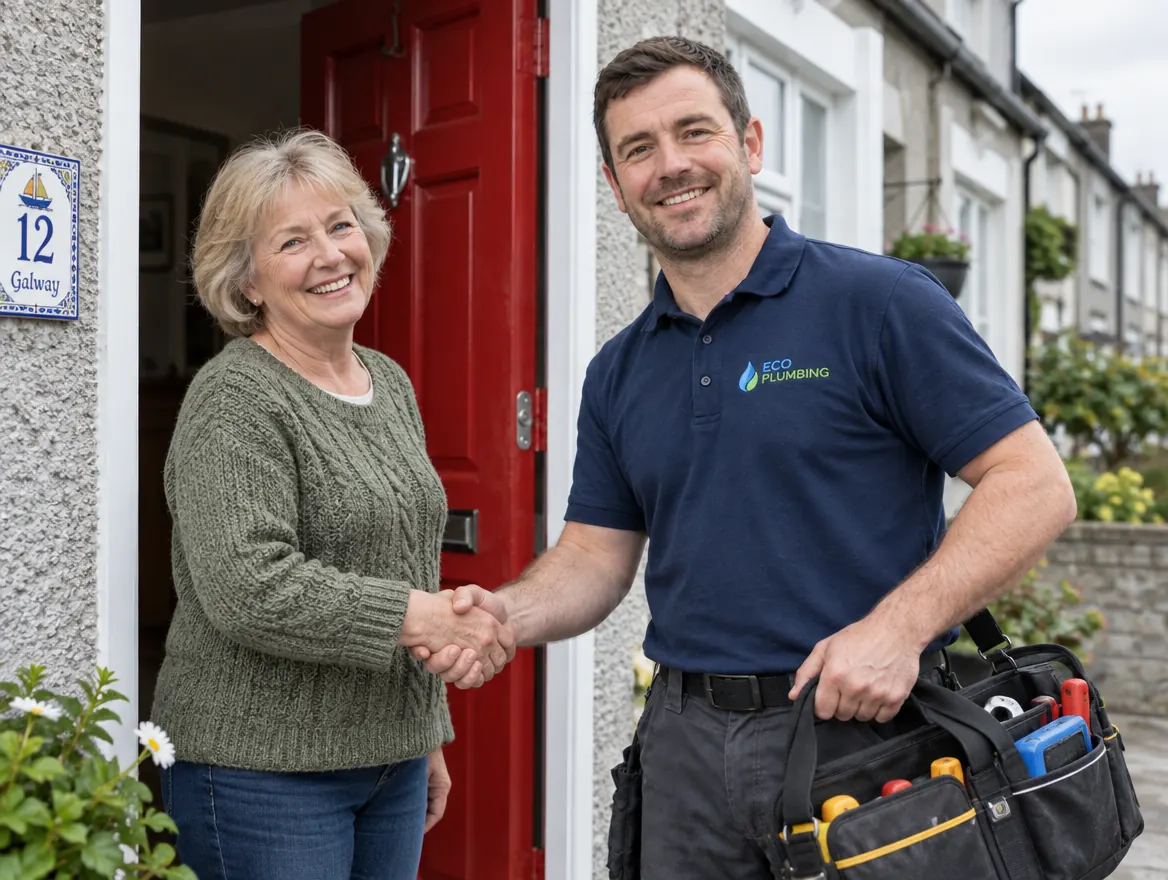 John saying goodbye to a happy customer at her front door