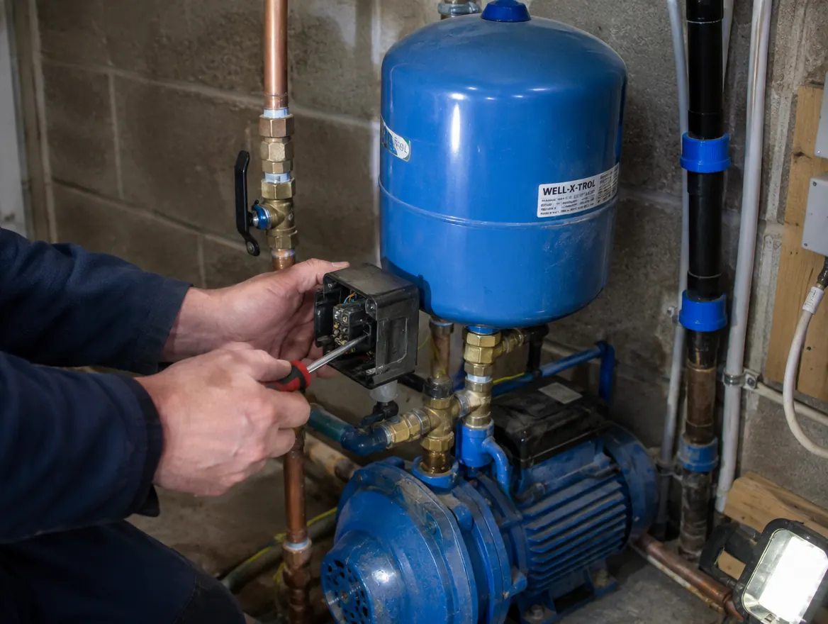 Domestic water pump and pressure vessel being tested by a plumber