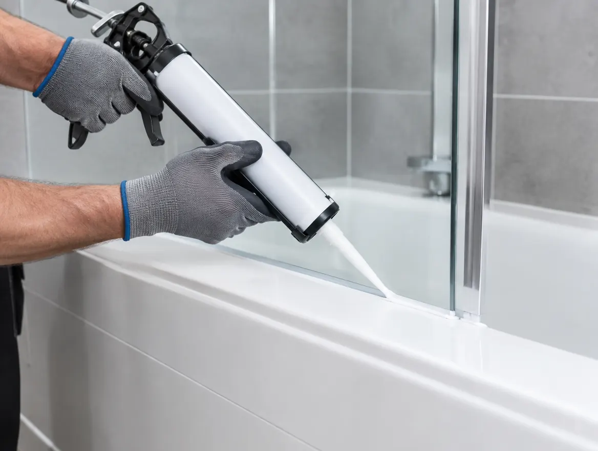 Fresh silicone seal along a bath with a new screen
