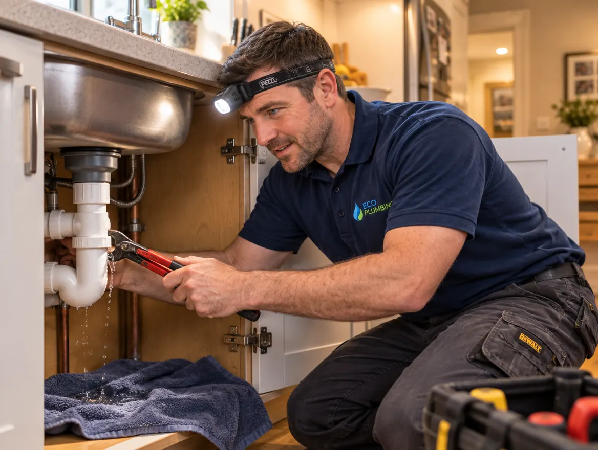 John from Eco Plumbing repairing a leaking pipe under a kitchen sink