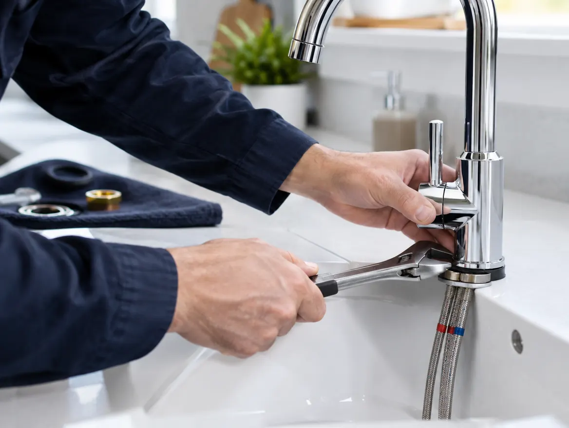 Plumber fitting a new chrome mixer tap on a kitchen sink