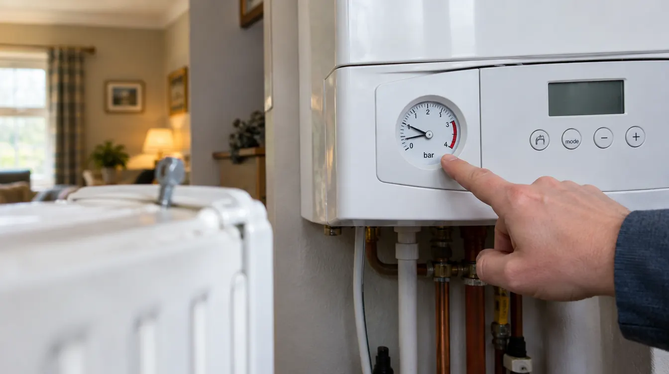 Hand pointing at a combi boiler pressure gauge showing low pressure