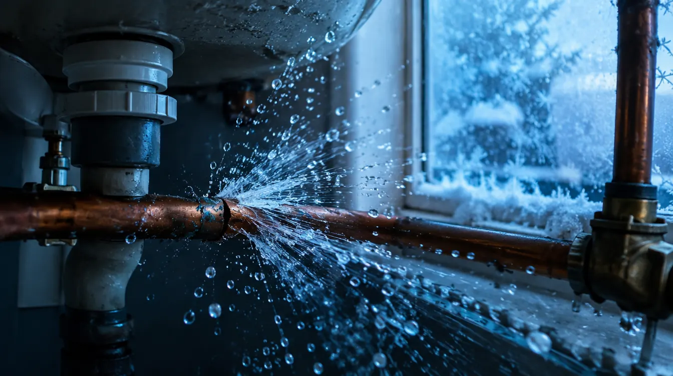 Burst copper pipe spraying water in winter