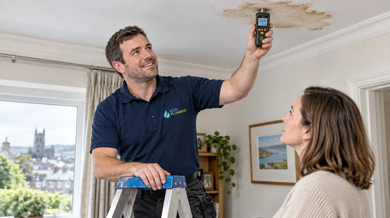 Plumber checking a ceiling water stain with a moisture meter